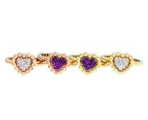 Rose and yellow gold heart rings with pink sapphire or diamonds