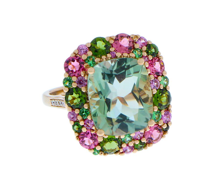 Rose gold ring with green quartz, pink and green tourmaline