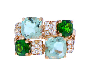 Roségouden ring met groene kwarts, diopsiet en diamanten