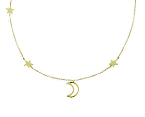 Yellow gold necklace with three star charms and an open moon pendant