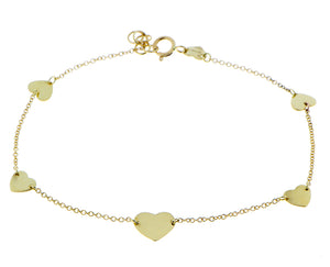 Yellow gold bracelet with 5 heart charms