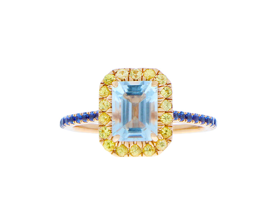 Rose gold ring with blue topaz, tsavorite, sapphires and aquamarines