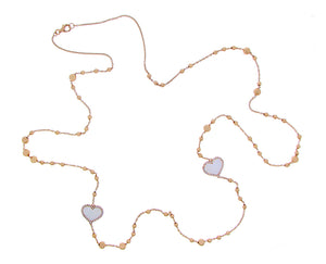 Rose gold ball necklace with two mother of pearl and diamond hearts
