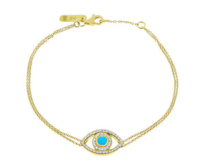 Yellow gold bracelet with a diamond and turquoise eye