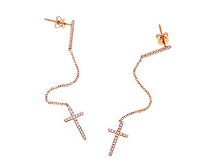 Rose gold chain earring with a diamond cross (per piece)