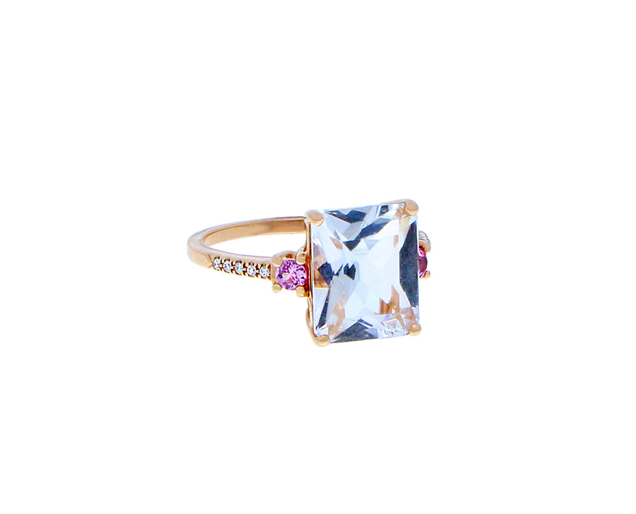 Rose gold ring with white topaz, pink sapphire and diamonds