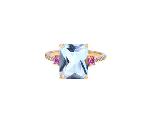 Rose gold ring with white topaz, pink sapphire and diamonds