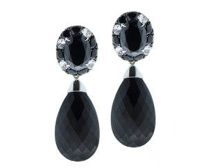 White gold earrings, white sapphires, black spinel and onyx briolettes