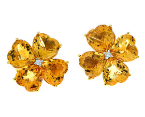 Yellow gold earrings citrine and diamond flowers