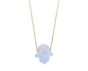 Rose gold necklace with an opal hamsa pendant
