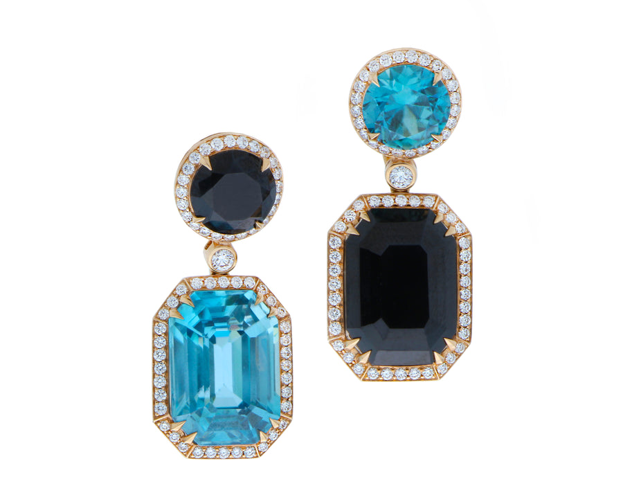 Blue zircon and black spinel ear rings