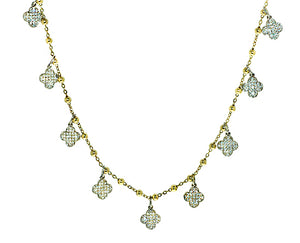Yellow gold necklace with 7 alhambra pendants, pave set with diamonds