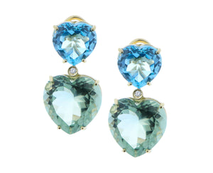 Geelgouden oorbellen met blauwe topaas, diamanten en groene amethist