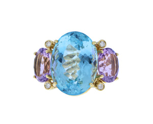 Yellow gold ring with aqua and pink amethyst