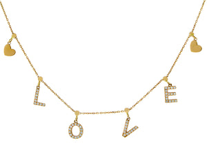 Rose gold necklace with hearts and diamond L-O-V-E pendants