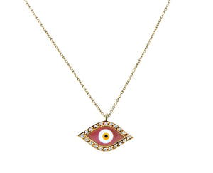 Yellow gold necklace with a diamond and pink enamel eye