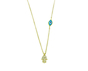 Geelgouden collier met een diamanten hamsa hanger en een boze oog