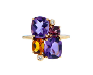 Rose gold ring with amethysts, citrine, rhodolite and diamonds