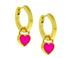 Yellow gold small hoop earrings with pink enamel heart pendants
