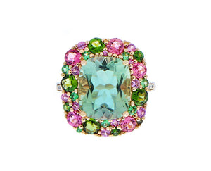 Rose gold ring with green quartz, pink and green tourmaline