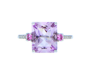 White gold ring with amethyst, pink sapphire and diamond