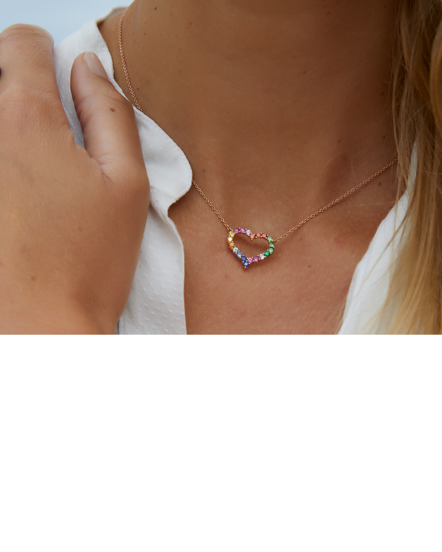 Rose gold necklace with a heart of rainbow sapphires