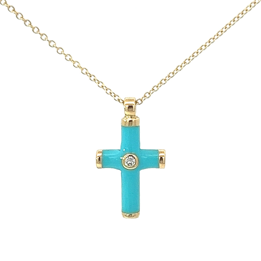 Geelgouden collier met een turquoise emaille en diamanten kruishanger