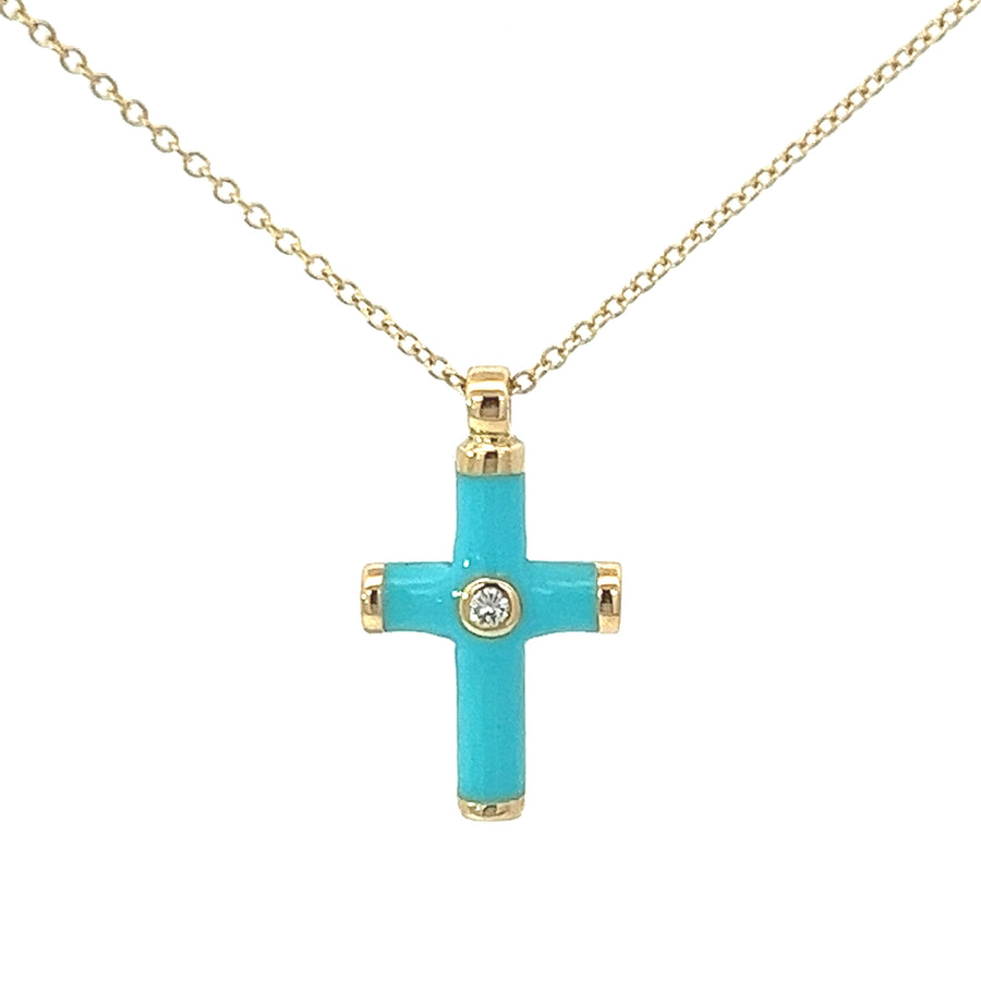 Yellow gold necklace with and turquois enamel and diamond cross pendant