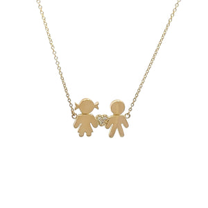 Yellow gold necklace with a diamond heart and two puppet pendant