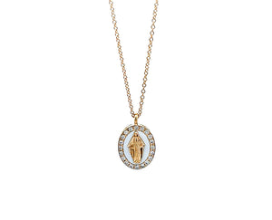 Yellow gold necklace an oval Maria pendant with diamonds and enamel
