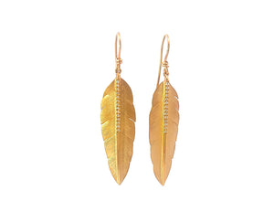 Yellow gold and diamond feather earrings