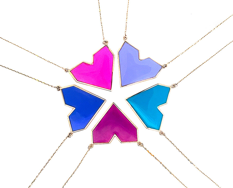 Yellow gold necklace with bright colored enamel hearts