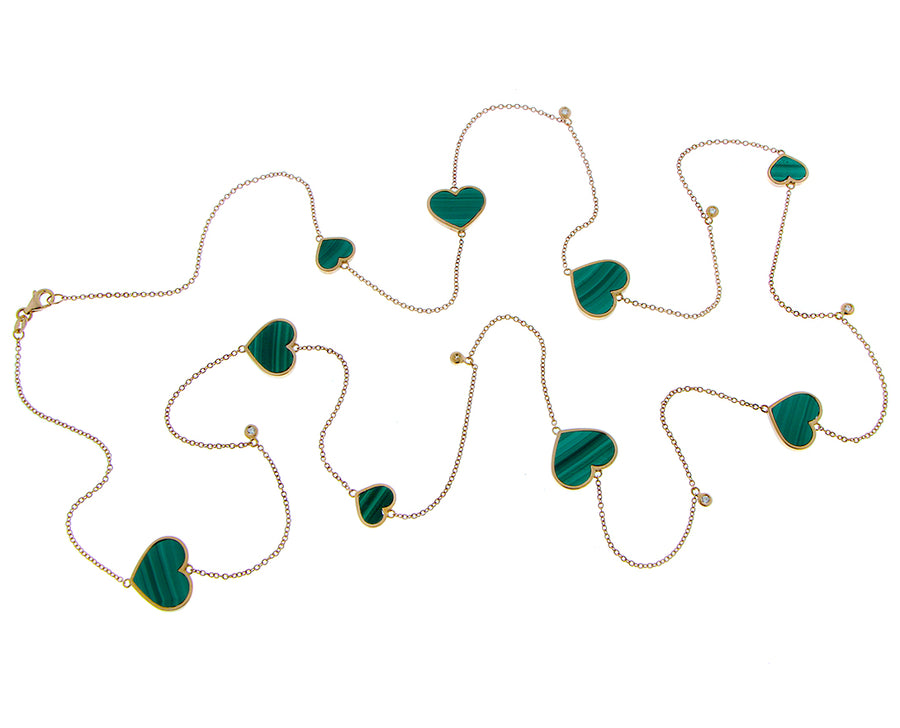 Yellow gold necklace with diamonds and malachite hearts