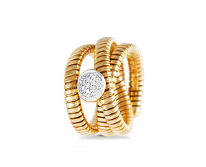 Yellow gold tubo ring with a diamond round