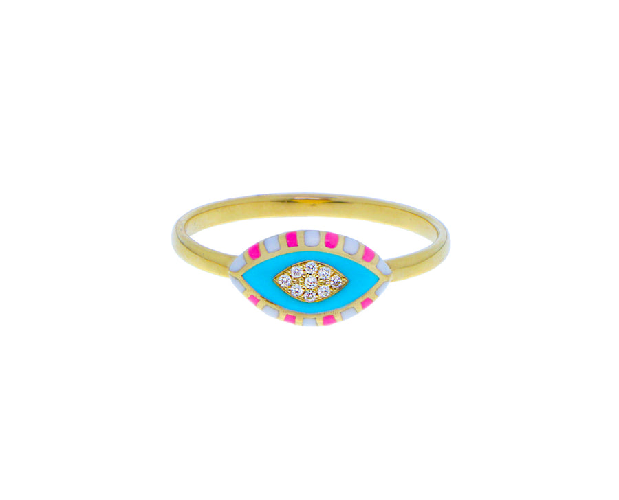 Yellow gold eye ring with enamel and diamonds