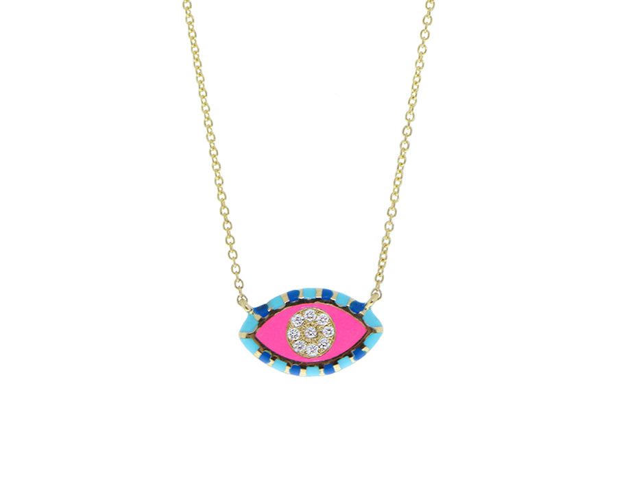 Yellow gold necklace with a diamond and enamel eye pendant