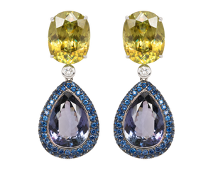 Earrings with sphene, tanzanite and sapphires