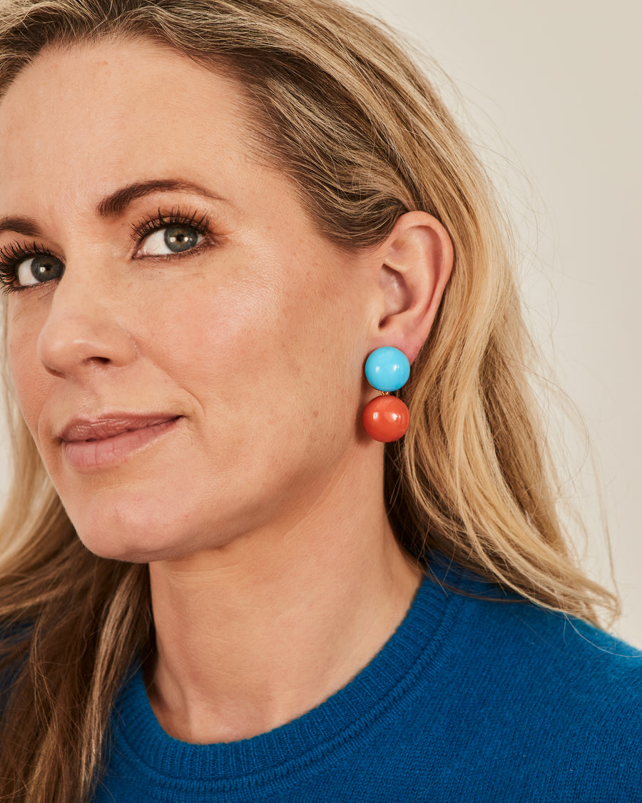 Coral and turquoise bouton earclips