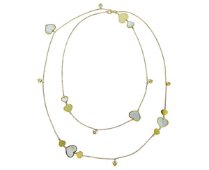 Yellow gold necklace with diamonds and mother of pearl heart charms