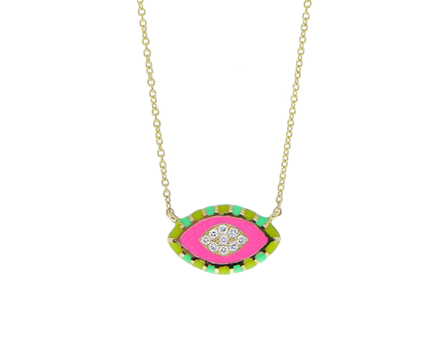 Yellow gold necklace with a diamond and enamel eye pendant