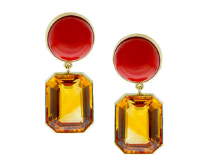 Yellow gold earrings with coral and citrine pendants