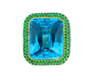 Geelgouden ring met een blauwe zirkoon en tsavorieten