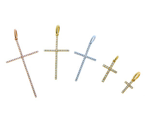 Rose, yellow and white gold and diamond cross pendants