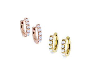 Tiny yellow or rose gold hoops with pearls