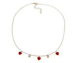 Roségouden ketting met diamanten en rood geëmailleerde hartbedels