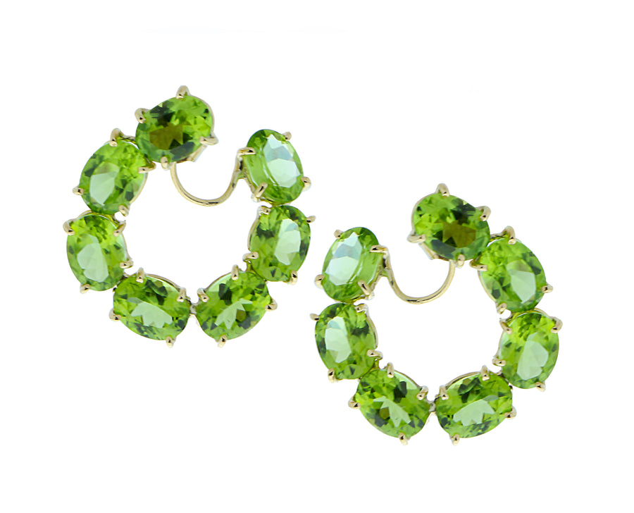 Yellow gold hoop earrings with peridots, amethyst or blue topaz