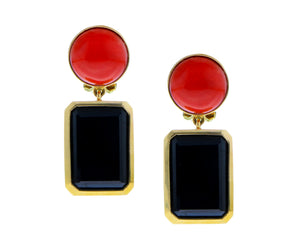 Yellow gold earring black spinel and coral