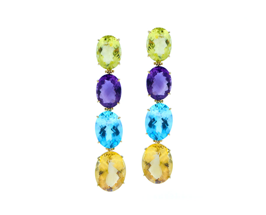 Yellow gold earrings with multi colored quartz and blue topaz