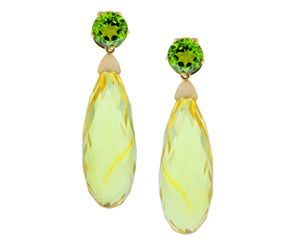 Yellow gold earrings with peridots and amber