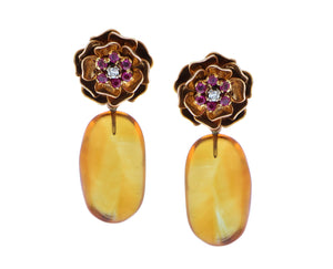 Rose gold ruby and diamond flower earring with citrine pendants